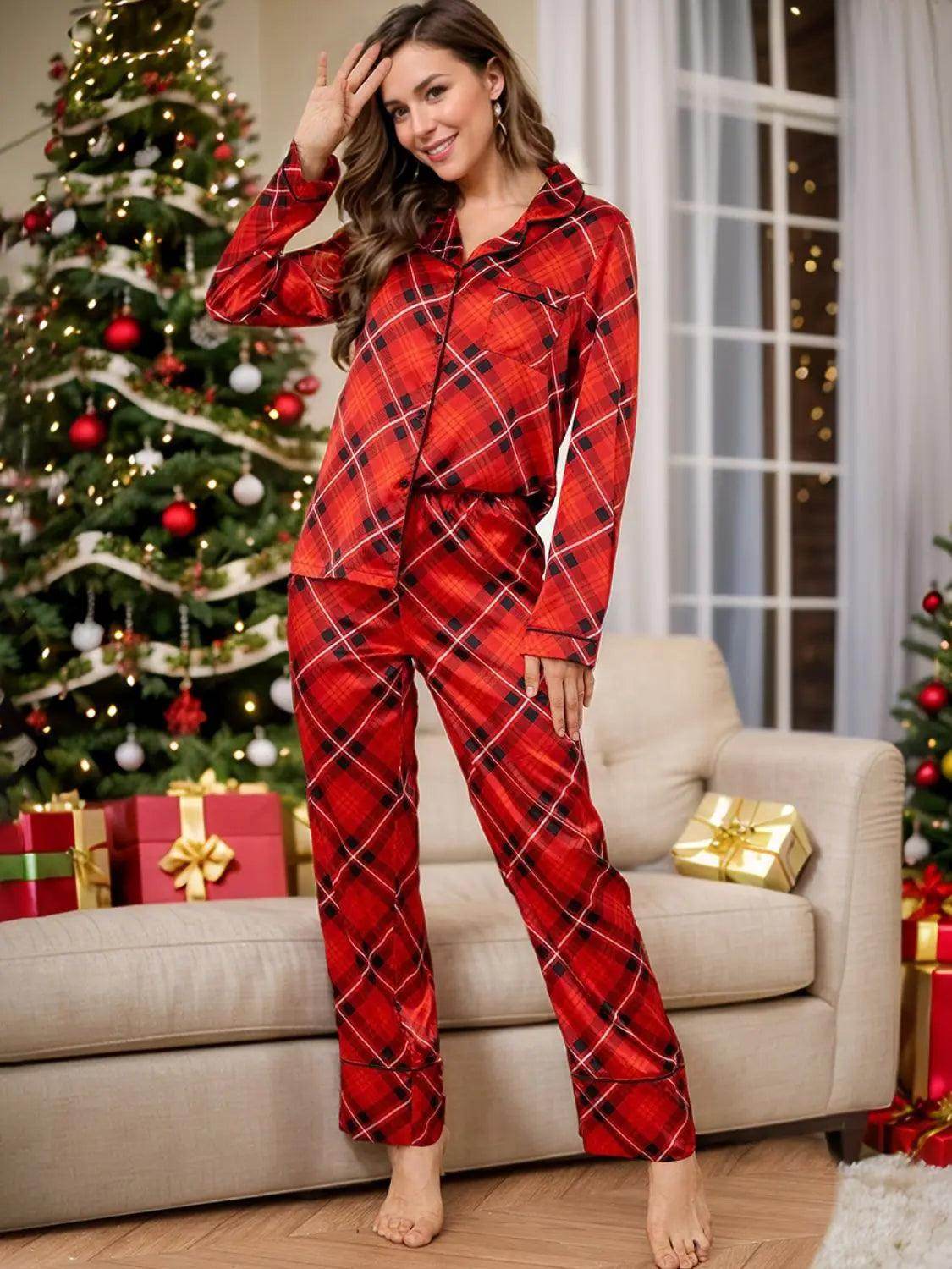Plaid Button Up Long Sleeve Top and Pants Lounge Set - KADAUT