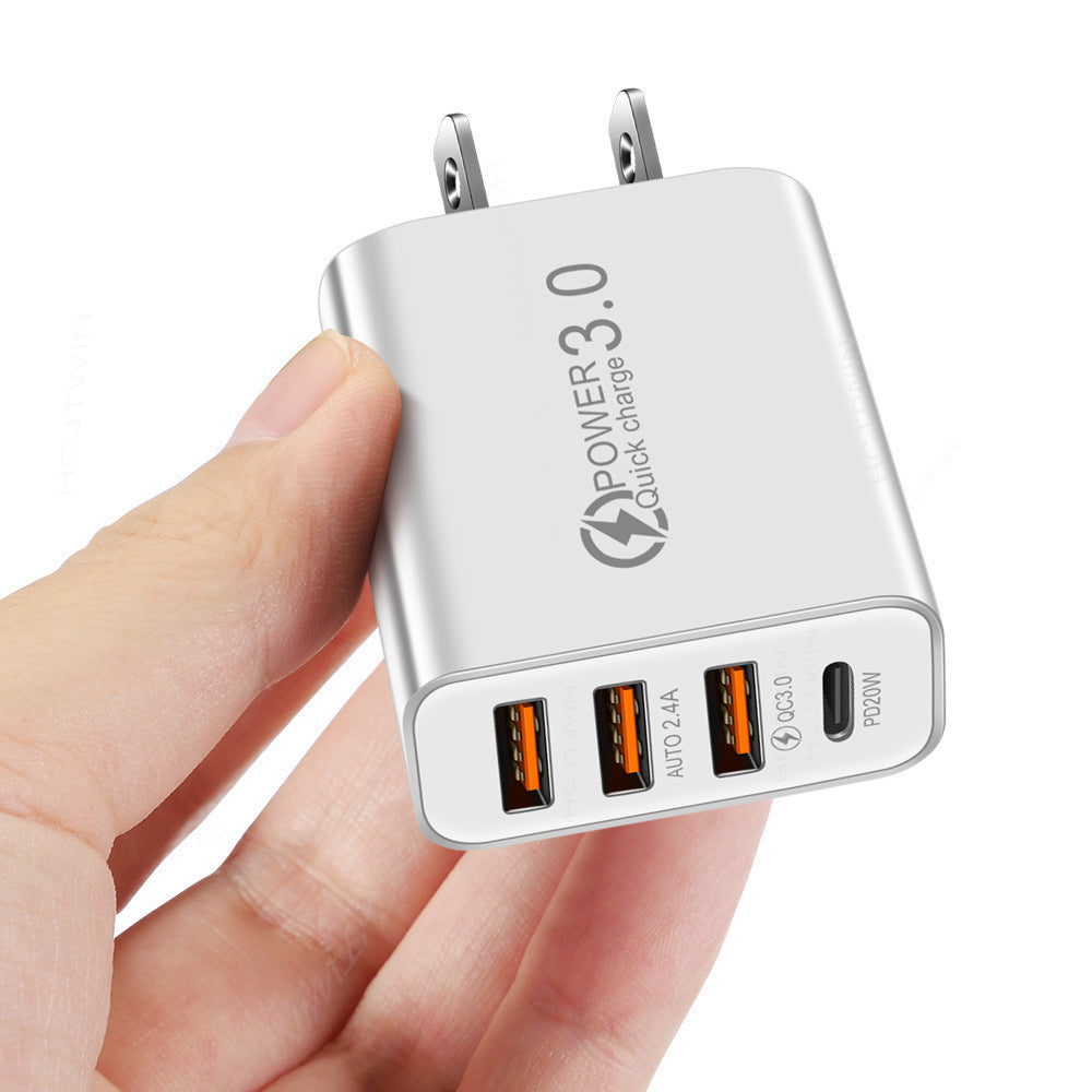 3USB+PD Type-C mobile phone charger with multiple USB ports, travel charging head