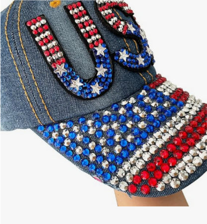 Unisex American flag baseball cap, denim distressed rhinestone cap, adult style (navy blue)