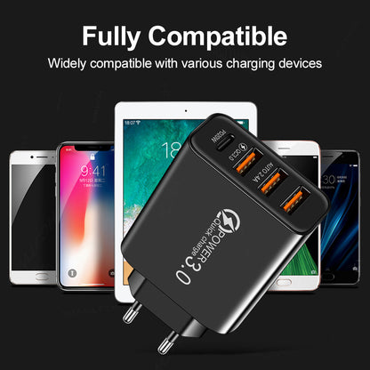 3USB+PD Type-C mobile phone charger with multiple USB ports, travel charging head