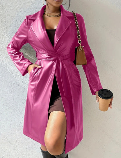 Long Sleeve Lapel PU Leather Jacket With Pockets