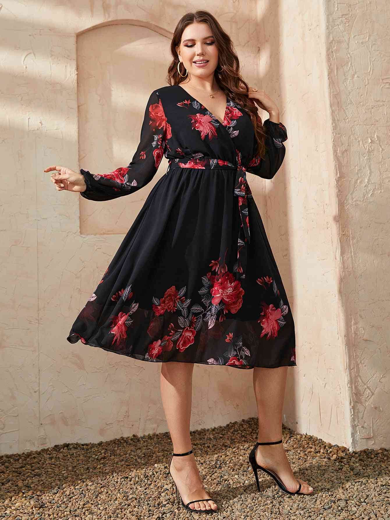 Honey Plus Size Floral Surplice Neck Tie Waist Dress - KADAUT