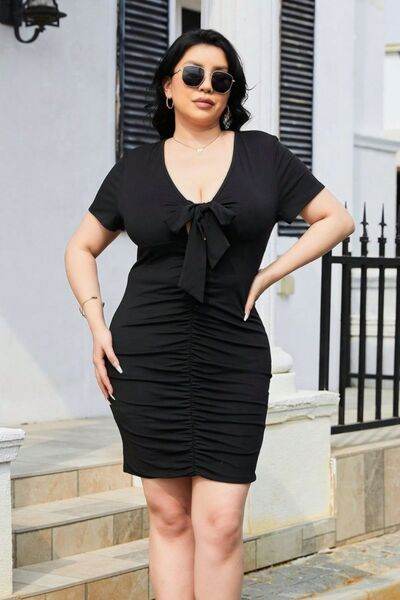 Plus Size Ruched Tied Short Sleeve Mini Dress - KADAUT