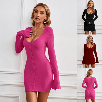 Fashion Single-breasted U-neck Long-sleeved Dress