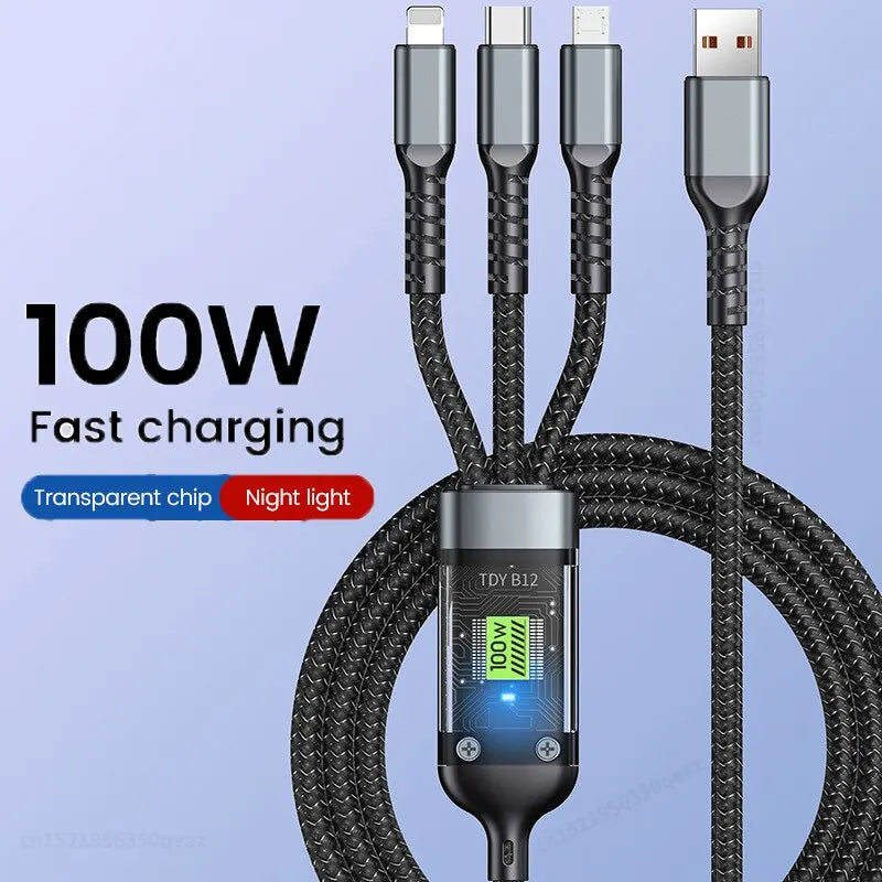 3 In 1 Usb 100w Cable For Fast Charging And Data Mini Usb Type C Micro