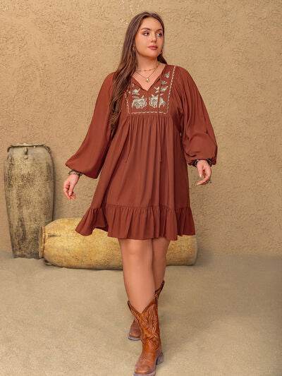 Plus Size Embroidered Tie Neck Balloon Sleeve Mini Dress - KADAUT