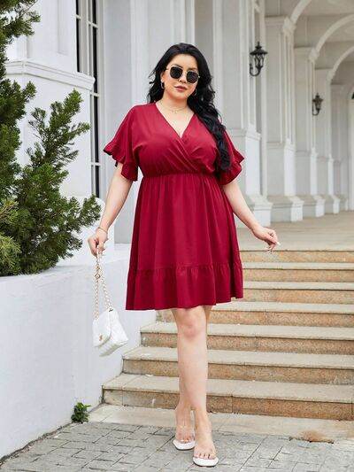 Plus Size Ruched Surplice Flounce Sleeve Mini Dress - KADAUT