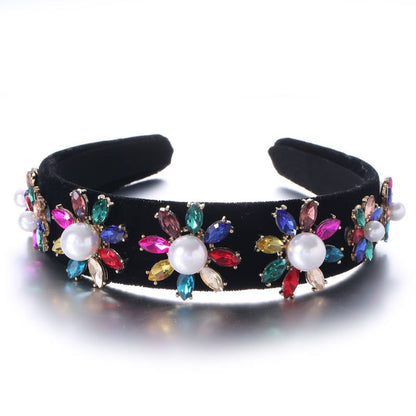 Retro Baroque Large Pearl Flower Set with Colorful Diamonds Fashion Hair Hoop