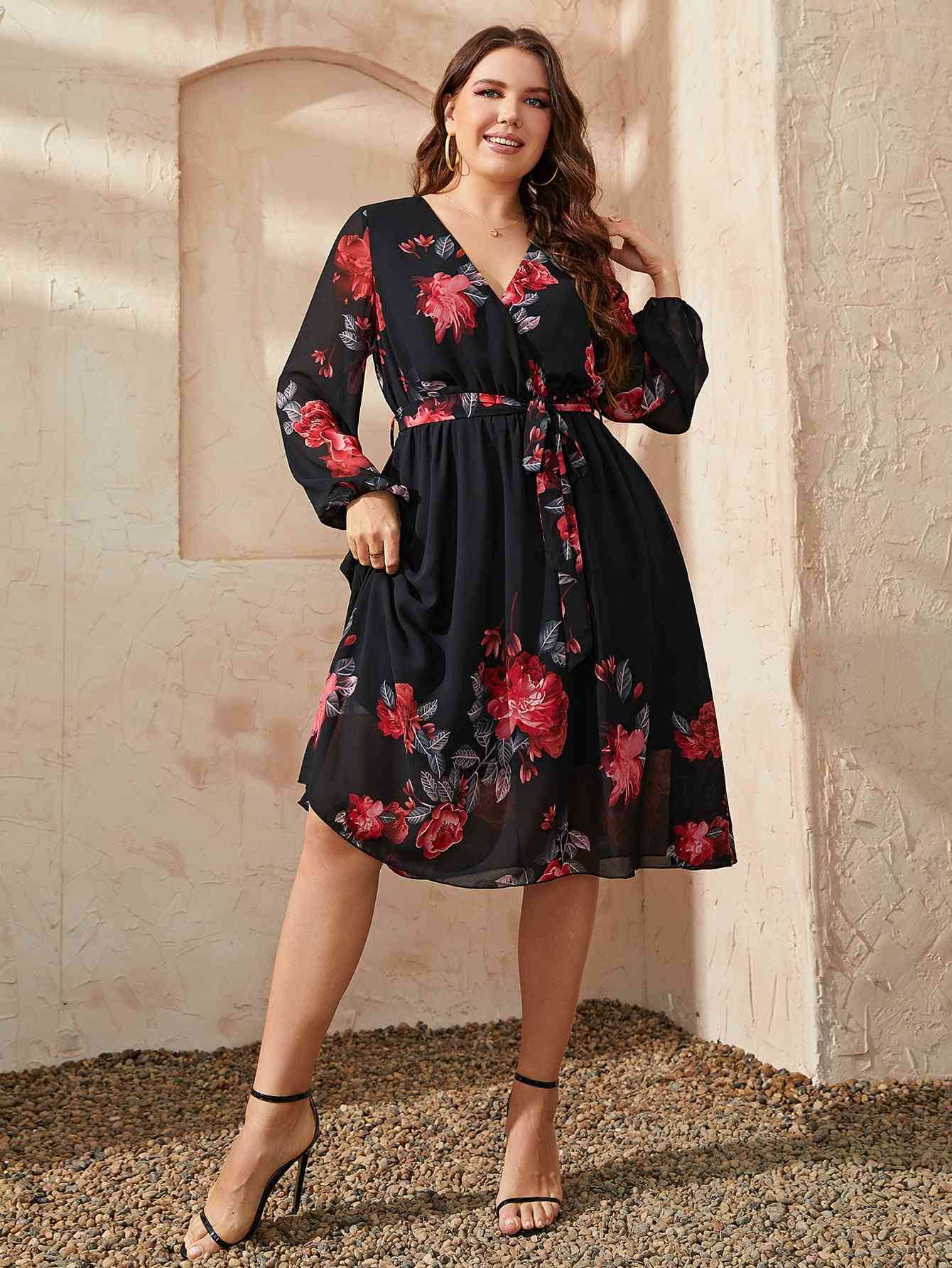 Honey Plus Size Floral Surplice Neck Tie Waist Dress - KADAUT