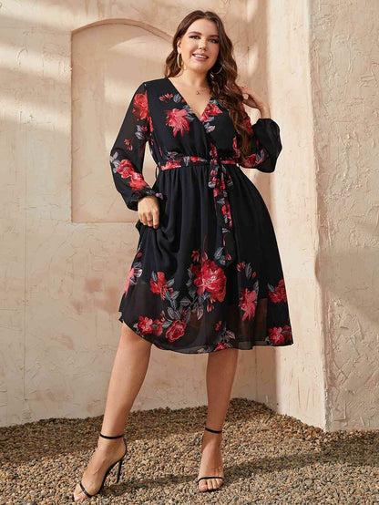 Honey Plus Size Floral Surplice Neck Tie Waist Dress - KADAUT