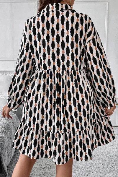 Plus Size Printed Johnny Collar Long Sleeve Dress - KADAUT