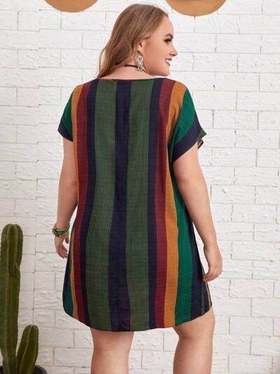 Plus Size Striped Short Sleeve Mini Dress - KADAUT