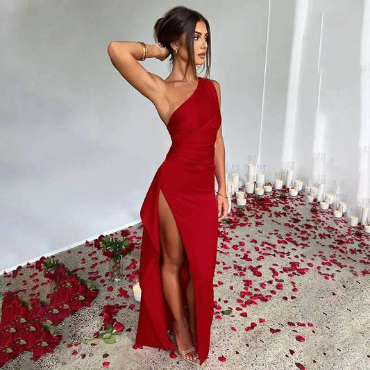 Sexy One-shoulder Backless Slit Dress - KADAUT