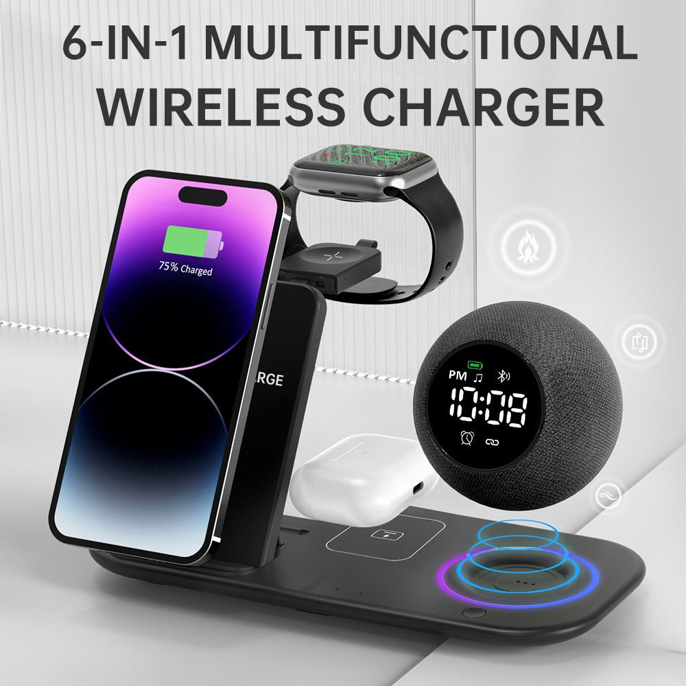 6 in 1 mobile phone watch headphones wireless charging clock alarm Bluetooth speaker night light