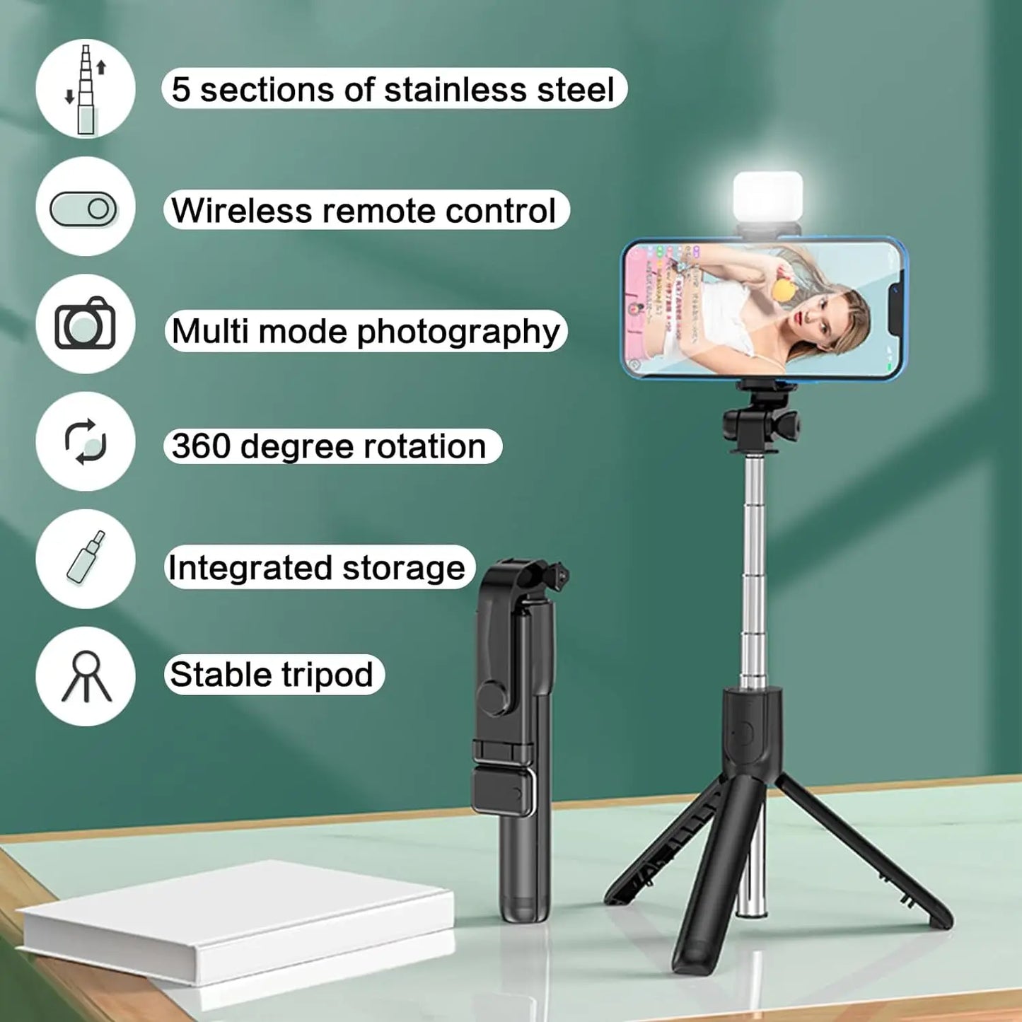 Selfie Stick with Fill Light Extendable Selfie Stick Tripod with Wireless Remote and phone holder