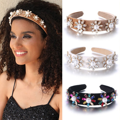 Retro Baroque Large Pearl Flower Set with Colorful Diamonds Fashion Hair Hoop