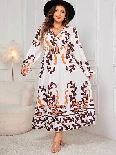 Honey Plus Size Printed Surplice Flounce Sleeve Dress - KADAUT