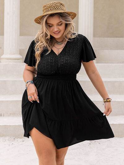 Plus Size V-Neck Flutter Sleeve Mini Dress - KADAUT