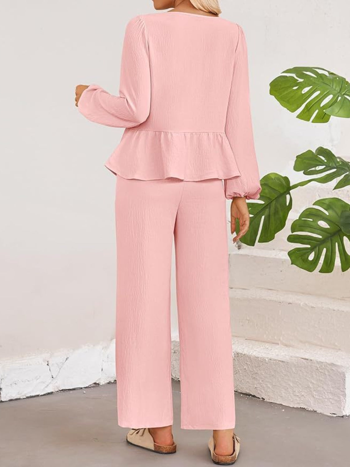 Tie Neck Balloon Sleeve Top and Pants Set