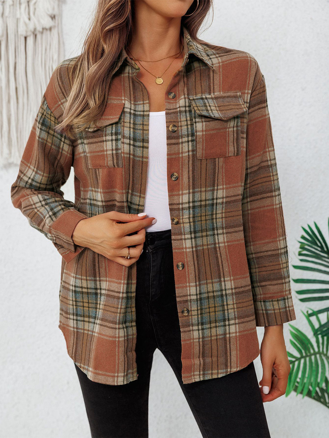 Plaid Collared Neck Button Up Long Sleeve Shirt