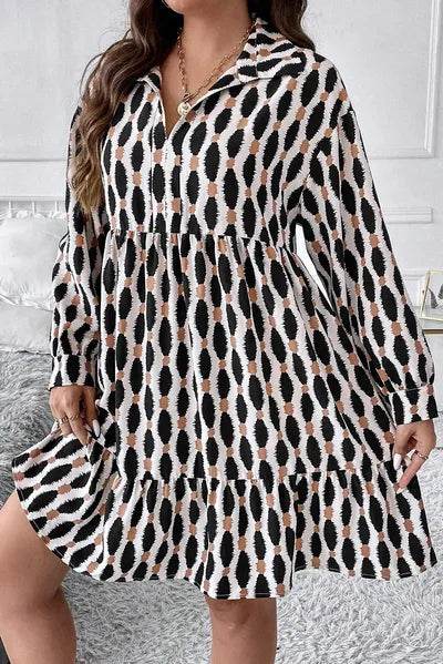 Plus Size Printed Johnny Collar Long Sleeve Dress - KADAUT