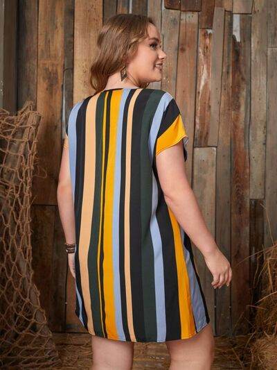 Plus Size Striped Short Sleeve Mini Dress - KADAUT