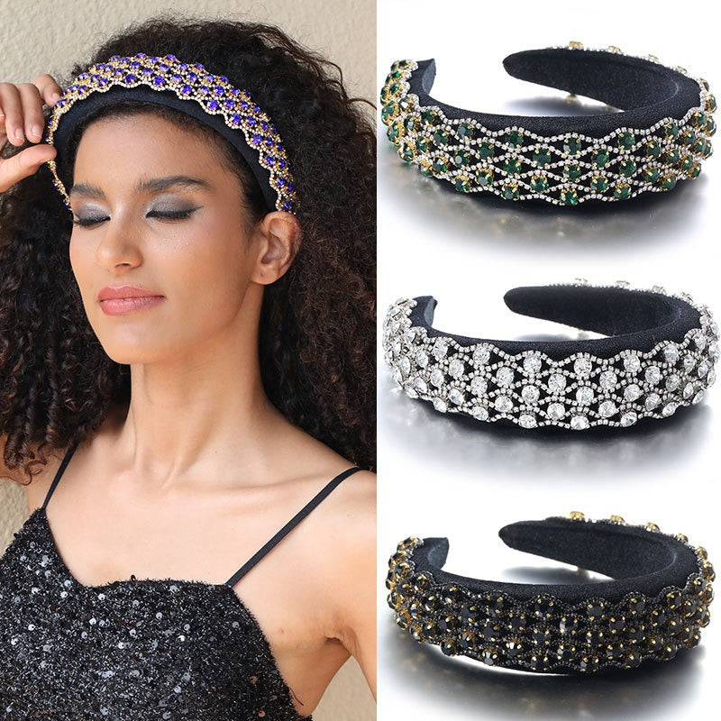 Full inlaid rhinestone fashionable wide edged solid color sponge head hoop