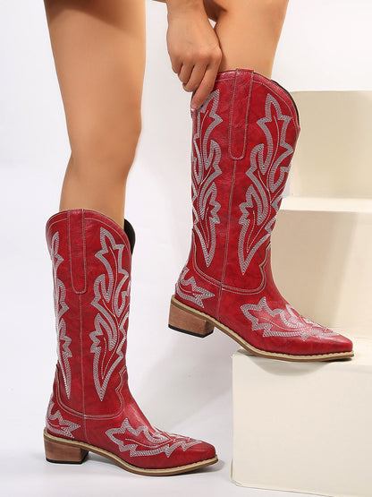 PU Leather Embroidered Geometric Point Toe Boots