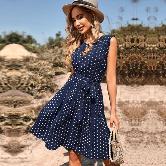 SUMMER WOMEN ELEGANT SLEEVELESS PLEATED CASUAL POLKA DOT DRESS