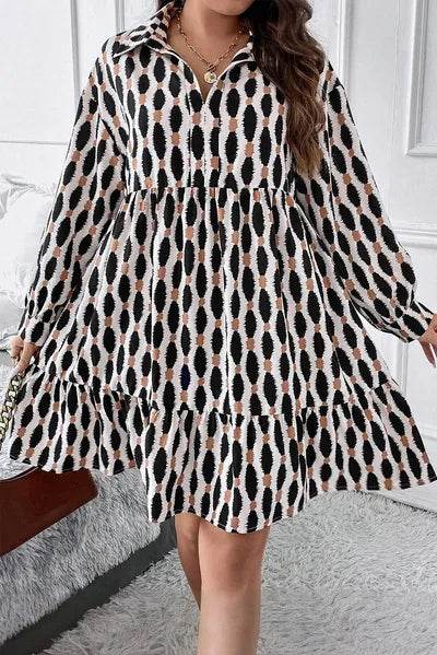 Plus Size Printed Johnny Collar Long Sleeve Dress - KADAUT