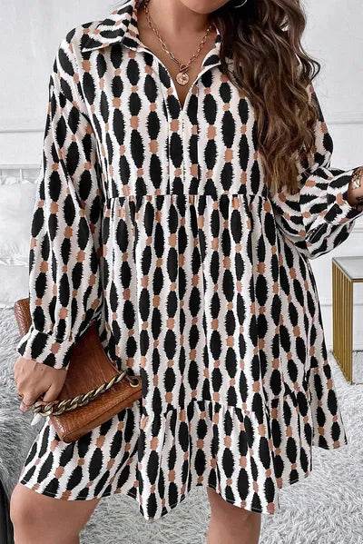 Plus Size Printed Johnny Collar Long Sleeve Dress - KADAUT