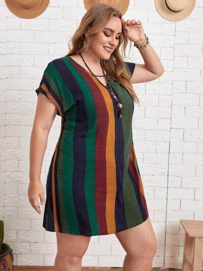 Plus Size Striped Short Sleeve Mini Dress - KADAUT