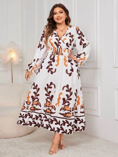 Honey Plus Size Printed Surplice Flounce Sleeve Dress - KADAUT