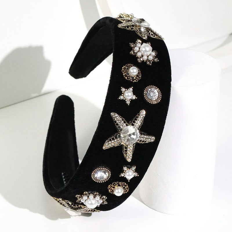 Fashionable velvet pearl black starfish hairband