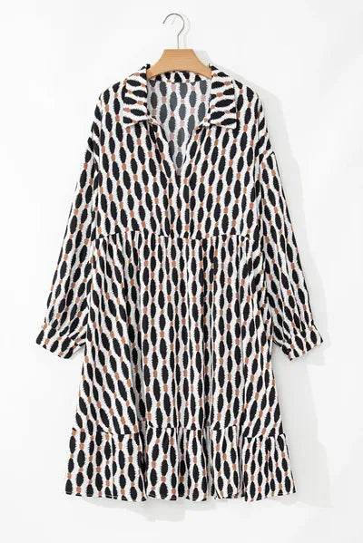 Plus Size Printed Johnny Collar Long Sleeve Dress - KADAUT