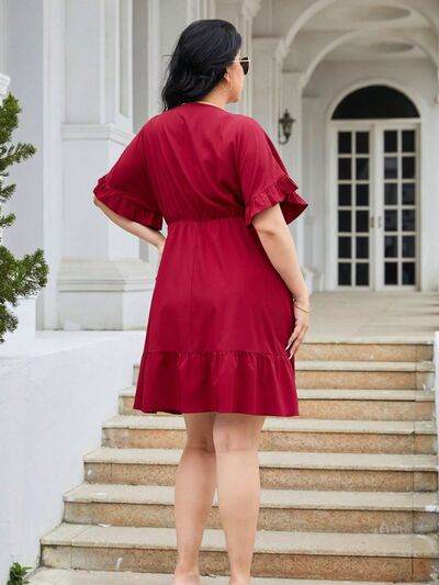 Plus Size Ruched Surplice Flounce Sleeve Mini Dress - KADAUT