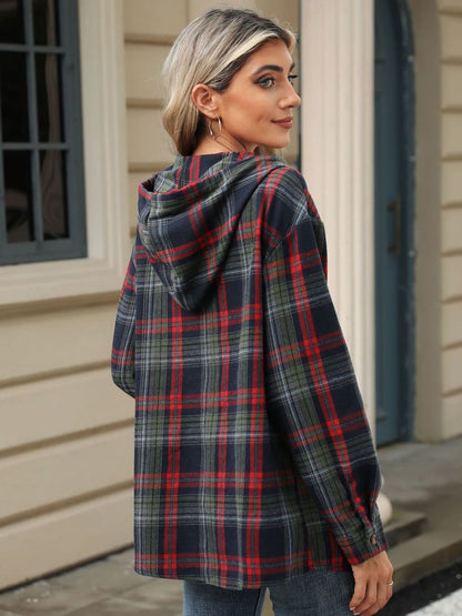 Drawstring Plaid Hooded Long Sleeve Top