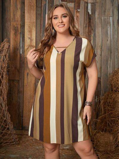 Plus Size Striped Short Sleeve Mini Dress - KADAUT