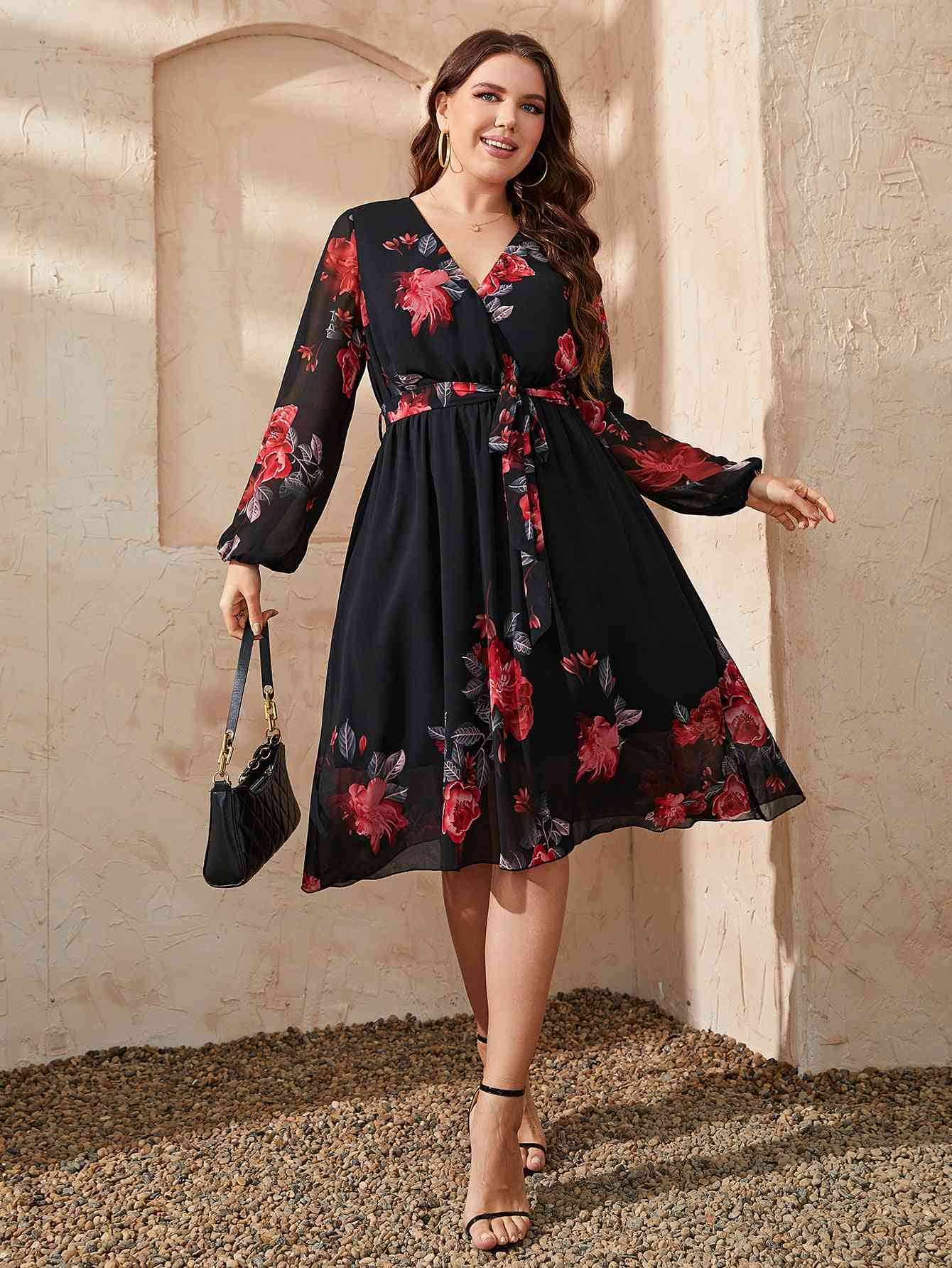 Honey Plus Size Floral Surplice Neck Tie Waist Dress - KADAUT