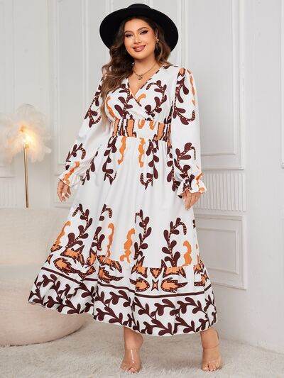 Honey Plus Size Printed Surplice Flounce Sleeve Dress - KADAUT