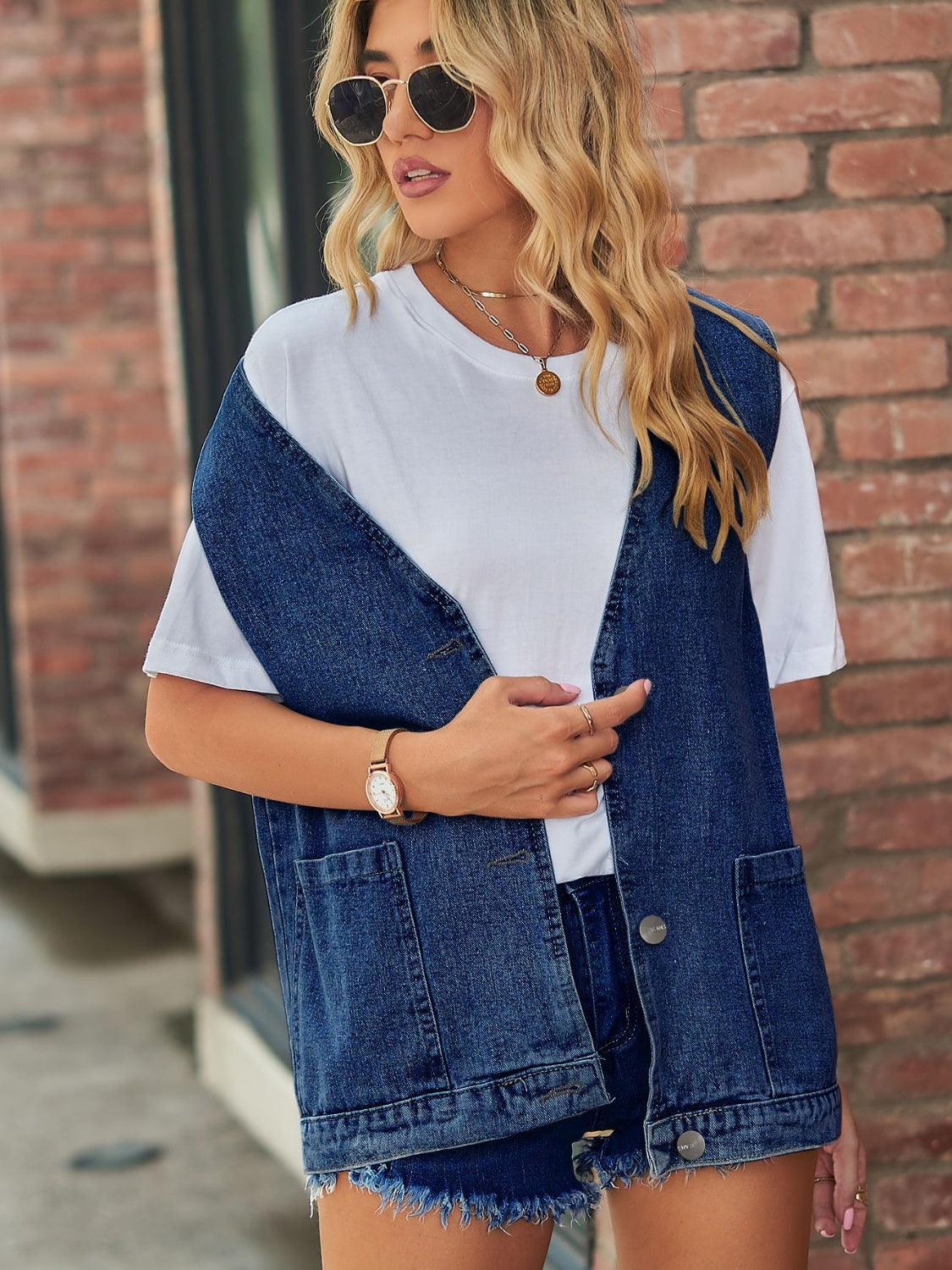 Full Size V-Neck Button Up Denim Vest