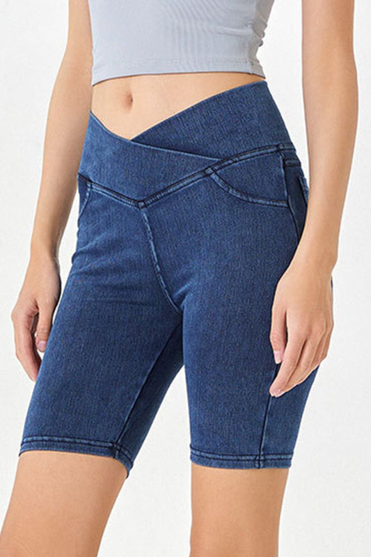 Basic Bae Asymmetrical Waist Denim Shorts with Pockets