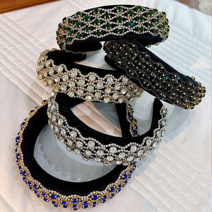 Full inlaid rhinestone fashionable wide edged solid color sponge head hoop