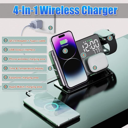 15W Four in One Wireless Charging Clock LED Digital Display Alarm Clock