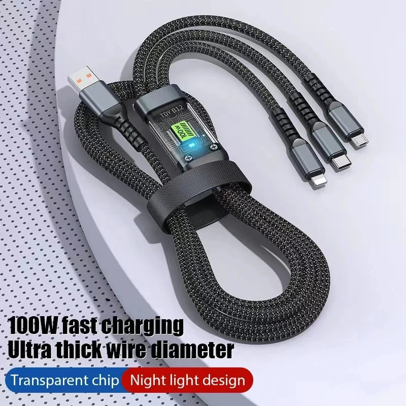 3 In 1 Usb 100w Cable For Fast Charging And Data Mini Usb Type C Micro