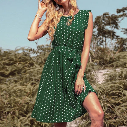 SUMMER WOMEN ELEGANT SLEEVELESS PLEATED CASUAL POLKA DOT DRESS