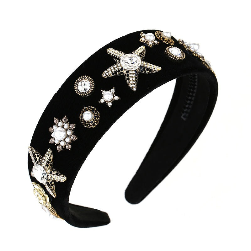 Fashionable velvet pearl black starfish hairband