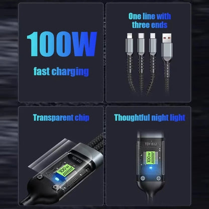 3 In 1 Usb 100w Cable For Fast Charging And Data Mini Usb Type C Micro