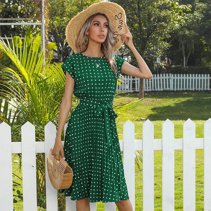 WOMEN SUMMER CHIFFON PLEATED POLKA DOT CASUAL DRESSES