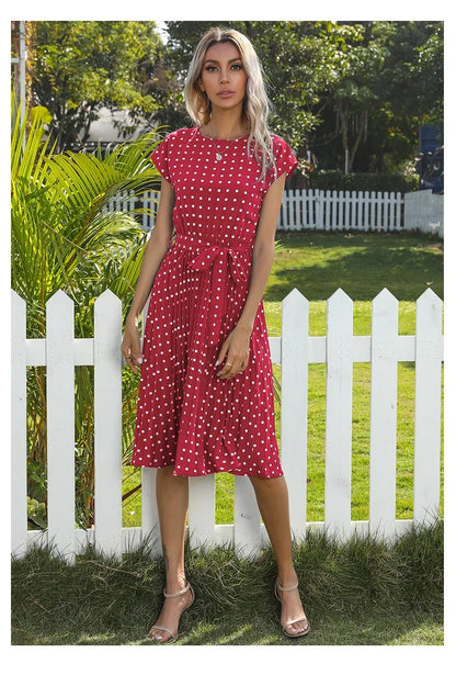 WOMEN SUMMER CHIFFON PLEATED POLKA DOT CASUAL DRESSES